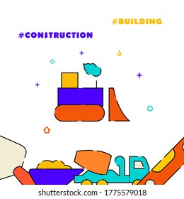 Bulldozer, road scraper filled line vector icon, simple illustration, related bottom border.