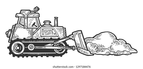 Bulldozer shove snow engraving vector illustration. Scratch board style imitation. Black and white hand drawn image.