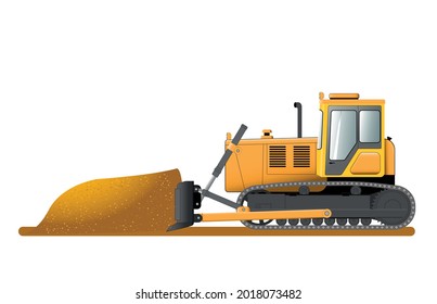 Bulldozer shovels soil into a heap. Construction machinery. Flat vector illustration.