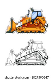 Bulldozer Side View Coloring Book. Colored Version + Line Art. Vector EPS10