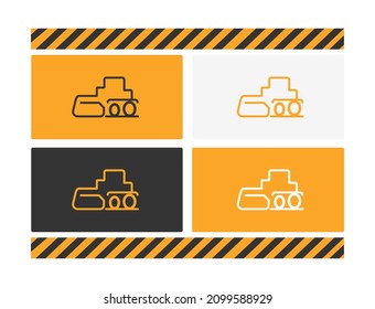 Bulldozer. Silhouette. Linear. Outline. Blueprint. Construction company. Machine. Work. Labor. Business card. Set in color. Orange, black, white. Vector. Graphics.