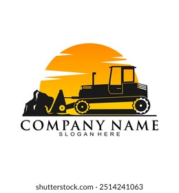 Bulldozer com vetor de design de logotipo de solo e pôr do sol