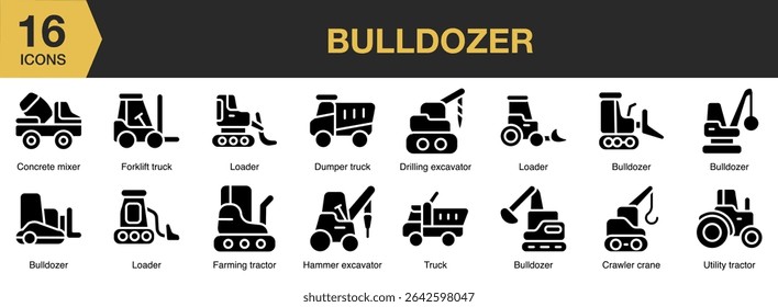 Bulldozer solid icon set. Includes construction, bulldozer, machinery, industry, machine, and More. Solid icons vector collection.