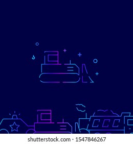 Bulldozer, tracked tractor vector gradient line icon, illustration, symbol or pictogram, sign. Dark blue background. Related bottom border.