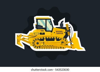 Bulldozer. Tracked vehicles, tractor. The object circled white outline on a dark background. Plowman, digger. Vector illustration.