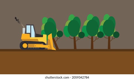 Bulldozer And Trees Vector Of Deforestation Illustration. Climate Change And Global Warming Issue