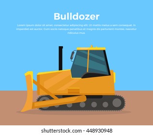 Bulldozer vector banner. City building flat design concept. Construction machines in career. Extraction, transport, moving materials, earthworks illustration for advertise, infographic, web design.