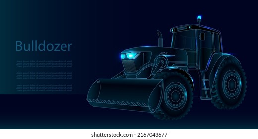 Bulldozer vector illustration in futuristic style with blue lines and lights. Modern loader isolated for construction site concept. Earth mover.