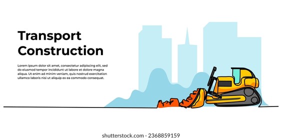 Bulldozer vector illustration. Modern banner in continuous line style design.