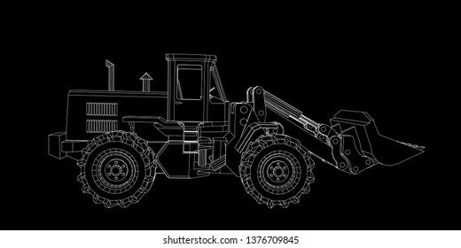 Bulldozer. Vector outline illustration. Isolated on black background.