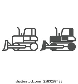 Bulldozer vehicle line and solid icon, construction site concept. Vector graphics. Heavy equipment transport sign on white background, outline style icon for mobile or web design