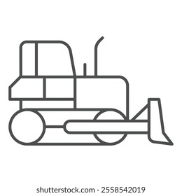 Bulldozer vehicle thin line icon, construction site concept. Vector graphics. Heavy equipment transport sign on white background, outline style icon for mobile or web design