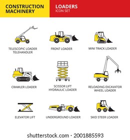 conjunto de iconos de la maquinaria de construcción de vehículos topadoras y de transporte