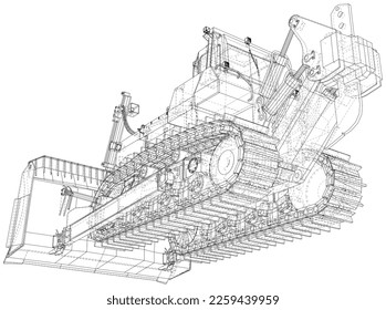 Bulldozer. Wire-frame outline style. Vector rendering of 3d