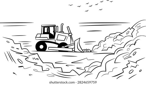 Bulldozer working at landfill site vector illustration. Hand drawn sketch of construction machinery pushing garbage dump, isolated black line art.