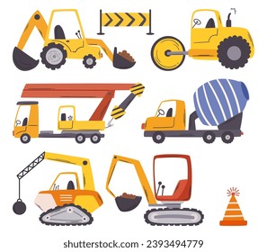 Bulldozers, Cranes, Excavators, And Dump Trucks with Concrete Mixer and Demolator Construction Vehicles, Push Debris, Lift Heavy Loads, Dig, And Dump Transport Materials On Construction Sites, Vector