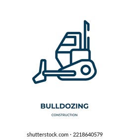 Icono de bulldozing. Ilustración vectorial lineal de la colección de construcción. Guión del vector de icono de bulldozing de contorno. Símbolo de línea delgada para uso en aplicaciones web y móviles, logotipo, medios impresos.