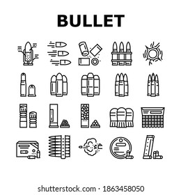 Bullet Ammunition Collection Icons Set Vector. Bullet Expelling From Gun Barrel Shooting And Hole, Cartridge, Armor Piercing, Boat Tail And Soft Point Black Contour Illustrations