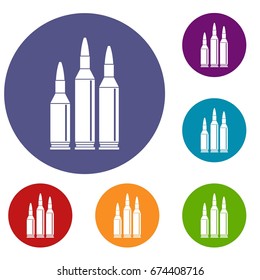 Bullet ammunition icons set in flat circle reb, blue and green color for web