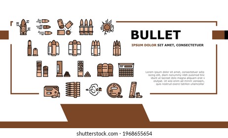 Kugelmunition Landing Webseite Kopfzeile Banner Vorlage Vektor. Bullet, die von Gun-Barrel-Shooting und -Loch, Cartridge, Armor-Piercing, Bootsschwanz- und Soft-Point-Illustration herausströmen