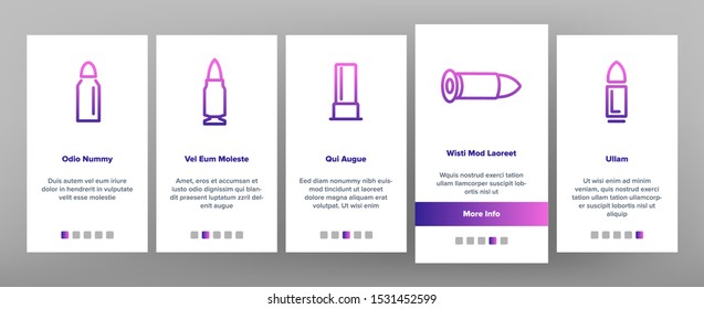 Bullet Ammunition Onboarding Mobile App Page Screen Vector Thin Line. Different Caliber, Flying And Standing Military Bullet Concept Linear Pictograms. Army Ammo Contour Illustrations
