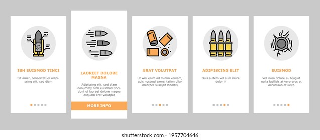Bullet Ammunition Onboarding Mobile App Page Screen Vector. Bullet Expelling From Gun Barrel Shooting And Hole, Cartridge, Armor Piercing, Boat Tail And Soft Point Illustrations