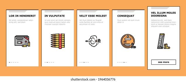 Bullet Ammunition Onboarding Mobile App Page Screen Vector. Bullet Expelling From Gun Barrel Shooting And Hole, Cartridge, Armor Piercing, Boat Tail And Soft Point Illustrations