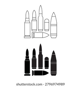 Bullet ammunition vector icon set featuring various caliber line art and black silhouette designs. Military weapon elements on white background.Editable stroke, Vector illustration, Line art Icon, Symbols.