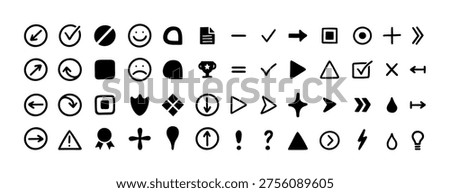 Bullet arrows check and point icons tick with cross icon ui. Close plus minus and play square circle with triangle star trophy. Award bullet arrow and motion point happy with sad icons hand drawn.