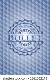 Bullet blue emblem with geometric pattern background.