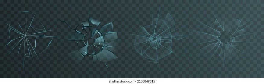 Agujero de vidrio de hendidura rota por bala, conjunto de vidrio realista machacado transperante alfa conjunto de fondo de ilustración vectorial