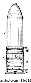 Cartucho de bala normalmente recubrimiento metálico que contiene la imprimación y la carga de las municiones para armas de fuego, dibujo de líneas de vintage o ilustración de grabado.