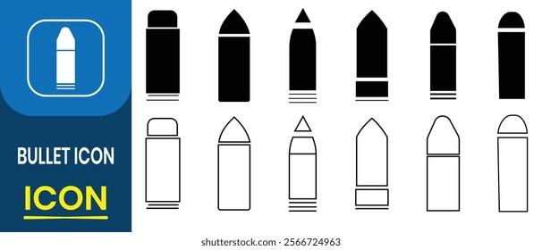 Bullet cartridges icons vector set. Military ammunition, weapon ammo types and size in flat style, Bullet or patron silhouette. Vector illustration. 