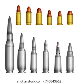 Bullet casings - modern vector realistic isolated objects on white background. Golden and silver, big and small shells, cartridges of different caliber, shapes and forms. Symbol of hitting the target