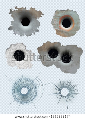 Bullet circle hole. Crashed guns bullet marks damaged surface vector realistic template