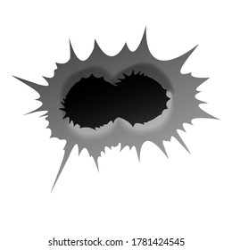 Bullet-Doppelloch auf weißem Hintergrund. Realisisches Metallkugelloch, Schadenseffekt. Vektorgrafik