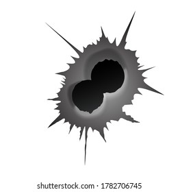 Bullet double hole on white background. Realisic metal bullet hole, damage effect. Vector illustration