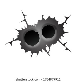 Bullet double hole on white background. Realisic metal bullet hole, damage effect. Vector illustration