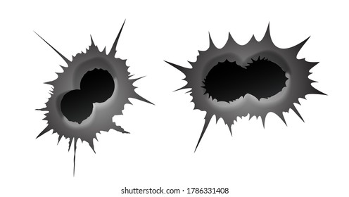 Doble agujero de bala sobre fondo blanco. conjunto de doble agujero de bala de metal realista, efecto de daño. Ilustración del vector
