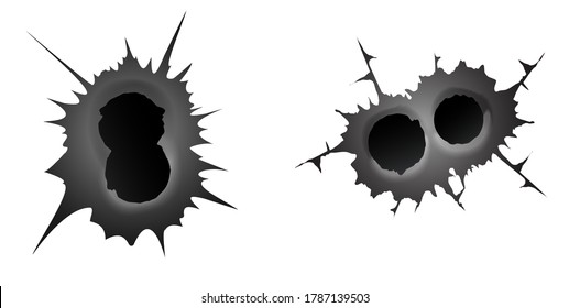 Bullet-Doppelloch auf weißem Hintergrund. Satz von doppeltem realisischem Metallkugelloch, Schadenseffekt. Vektorgrafik