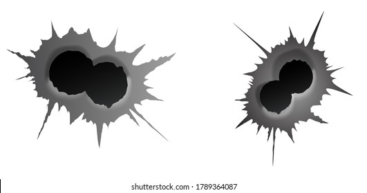Bullet double hole on white background. set of double realisic metal bullet hole, damage effect. Vector illustration