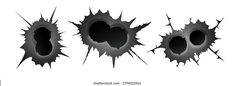 Doble agujero de bala sobre fondo blanco. conjunto de doble agujero de bala de metal realista, efecto de daño. Ilustración del vector