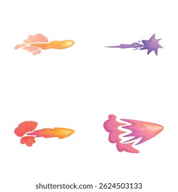 Bullet explosion icons set cartoon vector. Gun flashes or gunshot animation. Cartoon flash effect