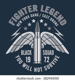Bullet fighter typography, t-shirt graphics, vectors