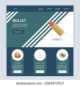Bullet flat landing page website template. Offensive, barbed wire, barracks. Web banner with header, content and footer. Vector illustration.