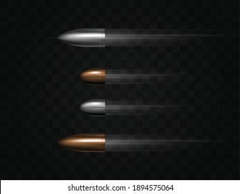 Bullet in flight with traces isolated on transparent background, firearms shot, silver and bronze bullets, vector