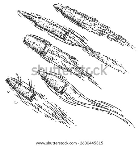 bullet flying set hand drawn. velocity projectile, ammunition caliber, muzzle supersonic bullet flying vector sketch. isolated black illustration