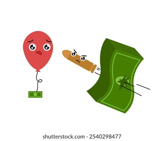 Bala passando por um dinheiro. Ilustração simples de cor plana do vetor.