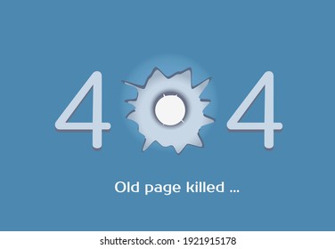 Agujero de bala entre los números cuatro. Comentario página antigua asesinada. Error de símbolo 404. Concepto para actualizaciones, carga o sistema de operación de fallos. Página no encontrada o error de programa. Ilustración vectorial.