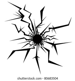 Bullet hole black and white vector illustration, isolated on white background.